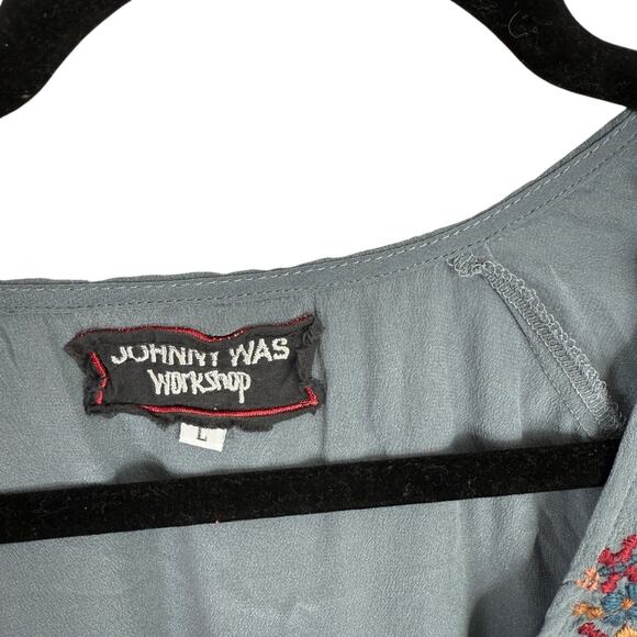 Johnny Was Blue Button Front Embroidered Blouse Boho Silk Velvet Womens Large - Picture 4 of 6